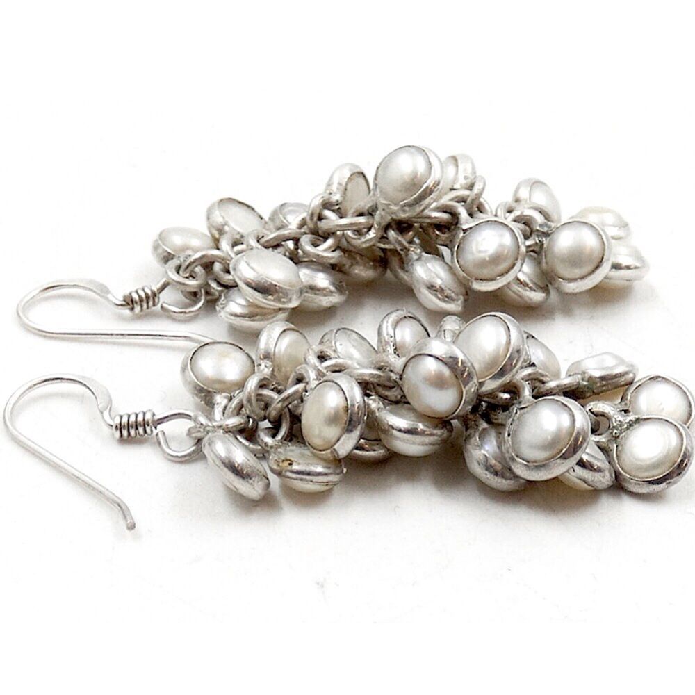 Vintage Sterling Silver Pearl Drop Dangle Cluster Earrings - Picture 2 of 5